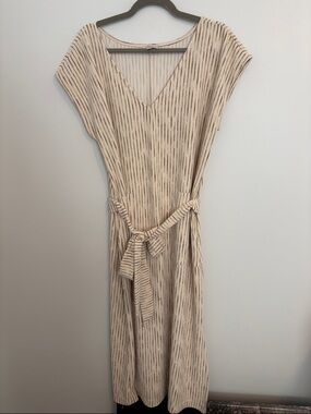 LOFT Cream Midi Dress with Thin Brown Stripes and Self Tie